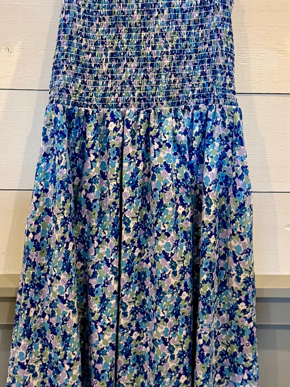 Melloday Medium Blue Floral Smocked Flutter Sleeve Midi Dress